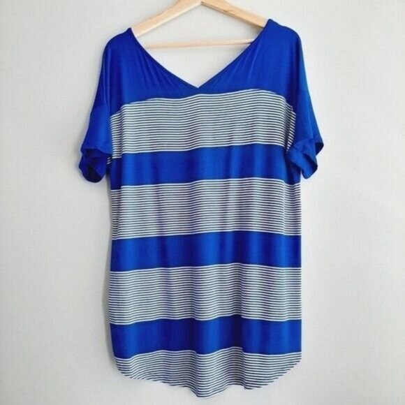 POINTELLE - NEW V-neck Stripe Hi-low Hem Top Blue & White Sz XL - Picture 5 of 7